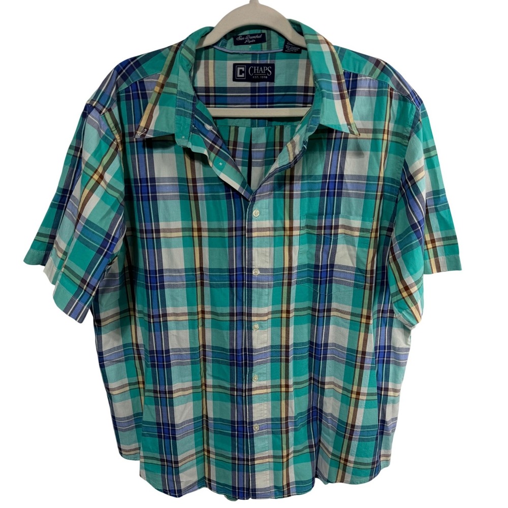 Chaps Button Down Sun-Drenched Poplin Plaid Mens XXL Green Casual Preppy Cotton
